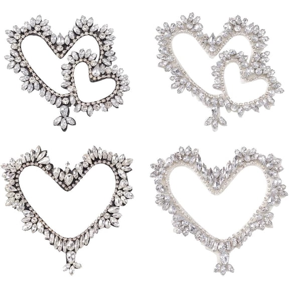 4Pcs Heart Rhinestone Appliques 2 Styles Sew On Patch Beading Appliques Garment Embellishments Patch for Hats Shoes Decorative