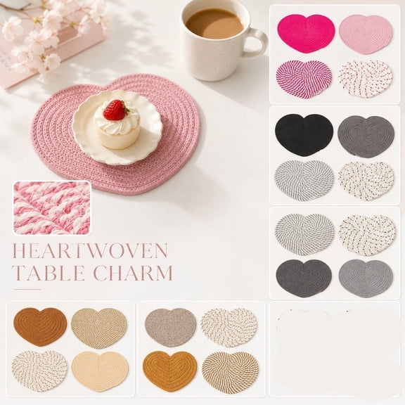 4Pcs Heart Shaped Cotton Rope Placemats Woven Trivets for Dining Table Coasters Boho Kitchen Decor Handmade Drink Pads Valentine Party Favor, Black 6 Inch