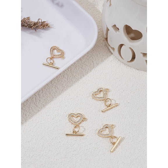 4Pcs Heart Toggle Clasps Brass Micro Pave Clear Cubic Zirconia Toggle Clasps Jewelry Closure Fasteners