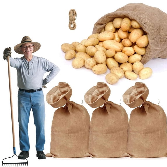 4Pcs Heavy-Duty Burlap Bags,40x24Inch Thicken Potato Storage Sacks with 32.8Ft Ropes, Reusable Potato Bags