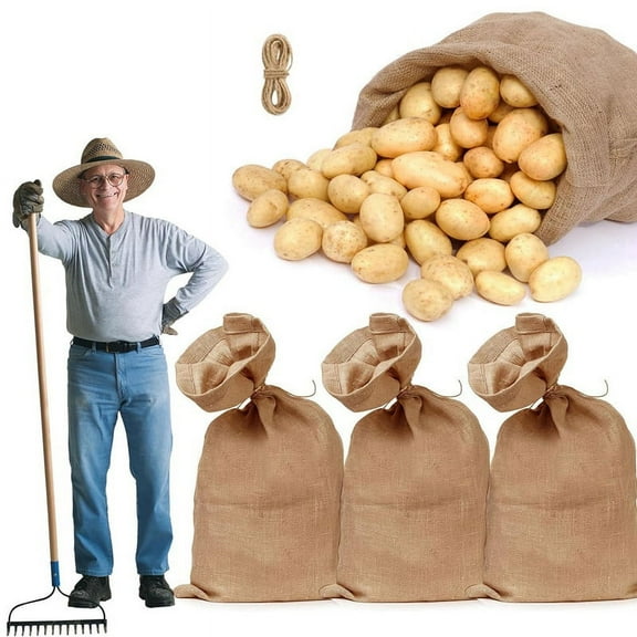 4Pcs Heavy-Duty Large Burlap Bags,40x24Inch Thicken Jute Potato Storage Sacks with 32.8Ft Ropes, Reusable Potato Bags