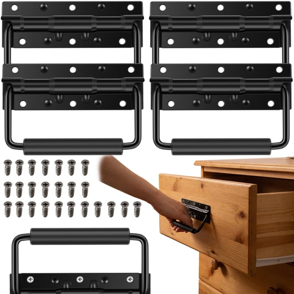 4Pcs Heavy Duty Spring Loaded Handle Easy Install Carbon Steel Chest Folding Pull Handle with Rubber Grip and Screw for Toolbox Storage Box Door