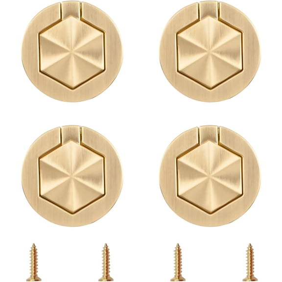 4Pcs Hexagon Pocket Doors Drawer Handle Flush Ring Pull, Zinc Alloy Gold Knobs Hidden Concealed Furniture Handle for Cabinets, Closets, Drawers Gold