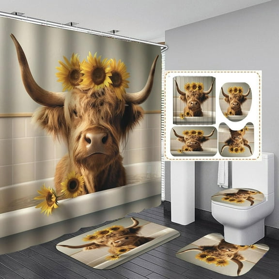 4Pcs Highland Cow Shower Curtain Set with Non Slip Rug,Bath Mat and Toilet Cover, Rustic Western Sunflower Daisy Farmhouse Shower Curtain with 12 Hooks for Bathroom Accessories (Bathtub Cow)