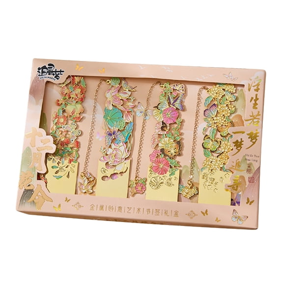 4Pcs Hollowed Metal Bookmarks Flower Engraved Bookmarks with Chain Pendant Reading Aid for Teacher Book Lover Student
