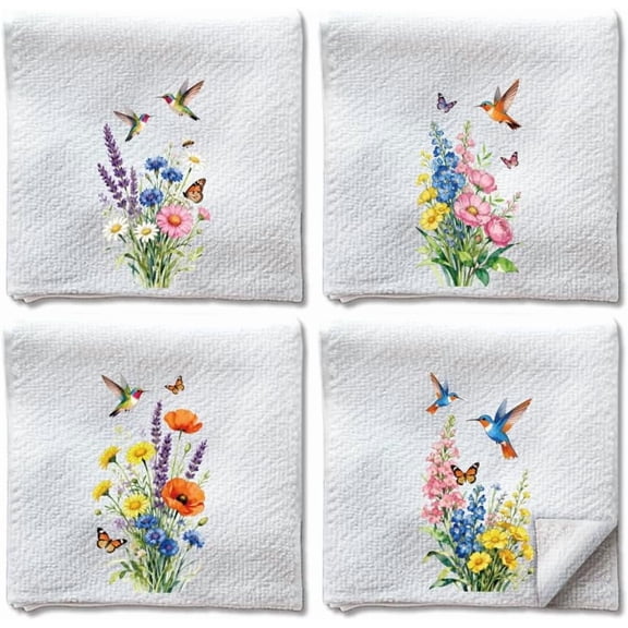 4Pcs Hummingbird Flowers Hand Towels Birds Floral Seasonal Spring Summer Dish Towels 24 x 16 Inch Microfiber Absorbent Soft Tea Multi-color