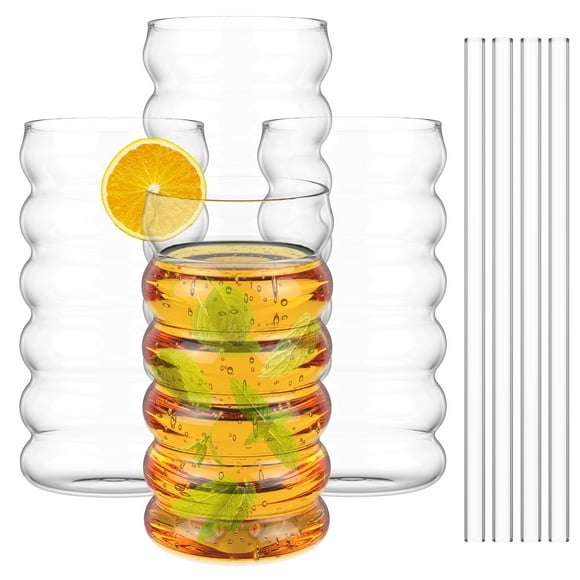 4Pcs Iced Coffee Glass 500ML Bubble Drinking Glass with Straw Wide Opening Drinking Glassware Elegant Ribbed Glassware Dishwasher Safe for Cocktail Soda Juice