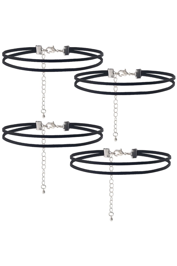 4Pcs Imitation Leather Double Layer Choker Necklaces with Brass Lobster Claw Clasps Platinum Black 13.39 inch(34cm)