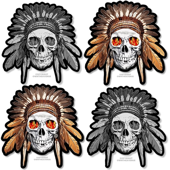 4Pcs - Indian Chief Skull Flames Laptop Bumper Auto Vinyl Sticker Decals 3.75"