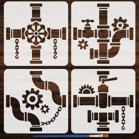 4Pcs Industrial Pipes Gears Painting Stencil with Brush11.8x11.8inch Reusable Steampunk Gears Craft Stencil Mechanical Gear Border Drawing Template Decoration Stencils Colorful