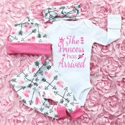 BRILLIANTME 4Pcs Infant Newborn Outfits Kids Baby Girls Princess Has Arrived Romper Pants Long Sleeve Jumpsuit Clothes Set 3-6 Months