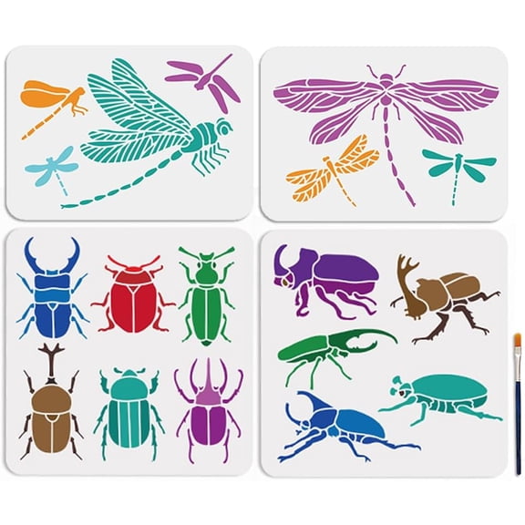 4Pcs Insect Dragonfly Stencils 11.811.8/11.78.3inch Dragonfly Scarab Beetle Template with Paint Brush Beetle Insect Templates for Walls Furniture Fabric Wood Canvas