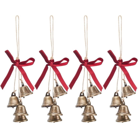 4Pcs Iron Bell Pendant Decorations Bowknot Velvet Ribbons and Jute Cord Hanging Ornaments Bronze 270mm for Handmade