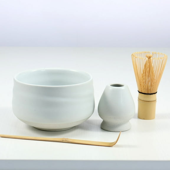 4Pcs Japanese Matcha Tea Set Matcha Starter Making Kit with Matcha Whisk Bowl Whisk Holder and Scoop Safe Bamboo Tea Whisk and Ceramic Bowl Set for Matcha Tea