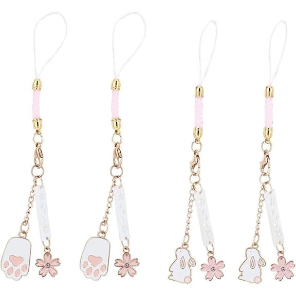 4Pcs Japanese Sakura Phone Charms Straps Phone Pendant Decorations Cute Phone Straps with Rabbit Cat Paw Pendants Keychain Phone Accessory for Mobile Phone Keychain Decorations Mixed Color