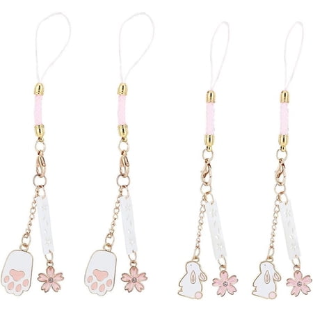 4Pcs Japanese Sakura Phone Charms Straps Phone Pendant Decorations Cute Phone Straps with Rabbit Cat Paw Pendants Keychain Phone Accessory