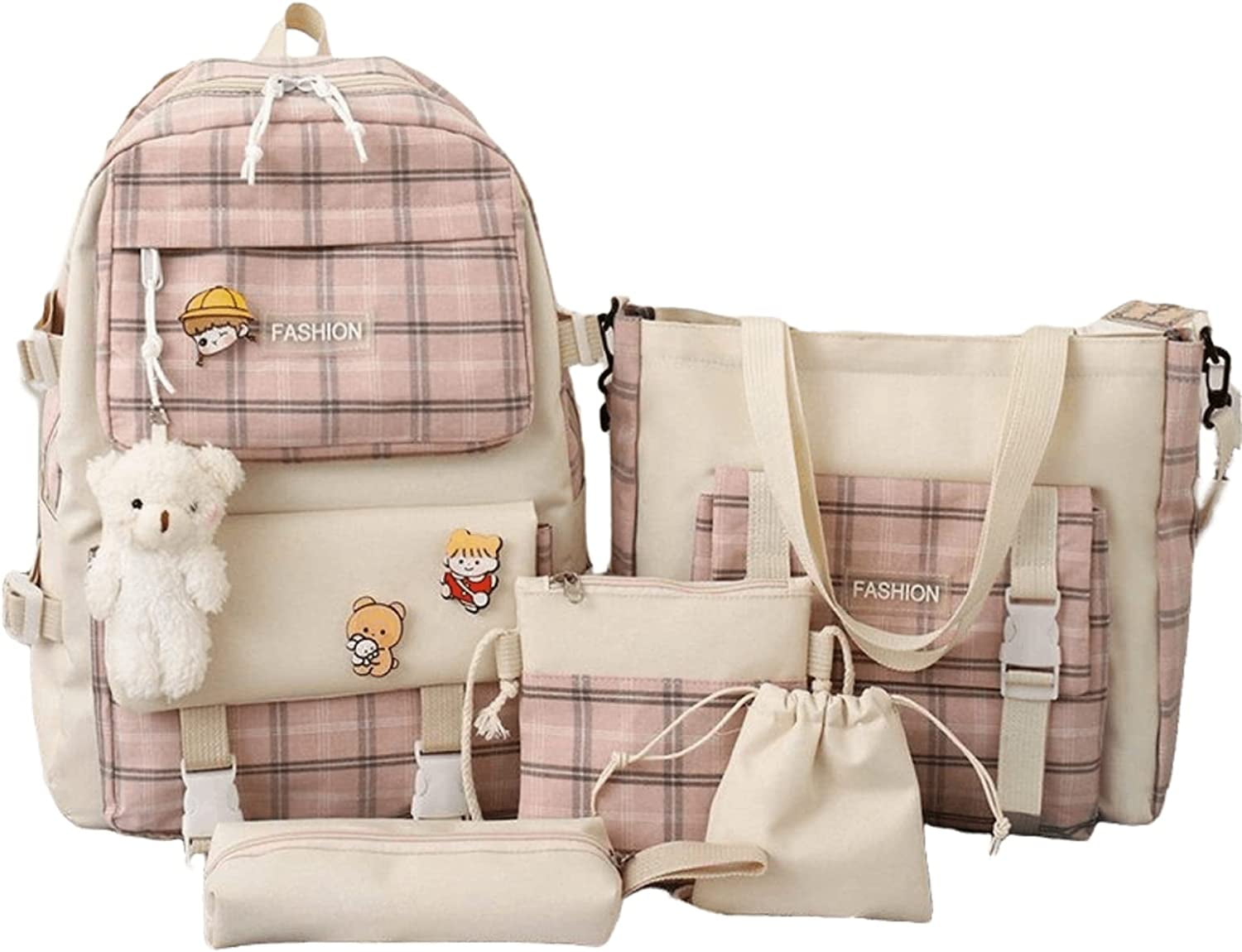 4Pcs Kawaii Cute Backpacks Combo Set with Bear Pendant & Pins