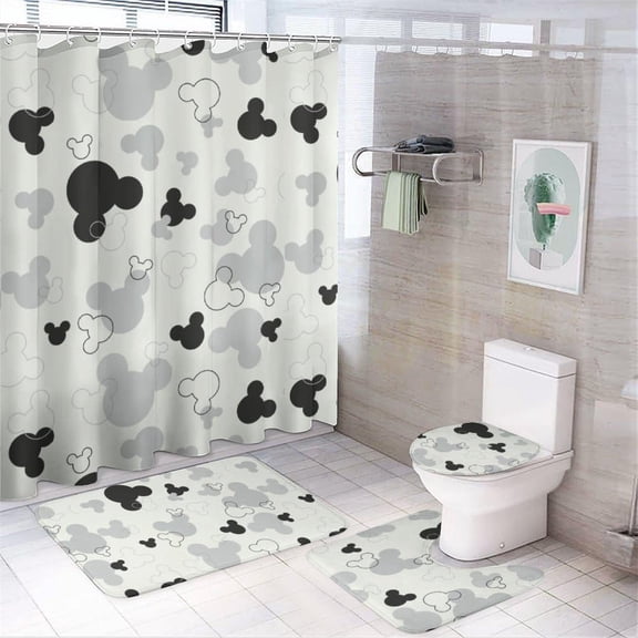 4Pcs Kawaii Waterproof Shower Curtain Sets with Non-Slip Rug, Toilet Lid Cover, Bath Mat, Cute Classics Cartoon Bathroom Accessories with 12 Hooks for Bathroom Decor 72 x 72 Inch, onesize