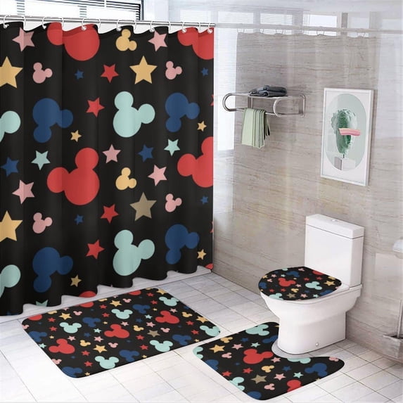 4Pcs Kawaii Waterproof Shower Curtain Sets with Non-Slip Rug, Toilet Lid Cover, Bath Mat, Cute Classics Cartoon Bathroom Accessories with 12 Hooks for Bathroom Decor 72 x 72 Inch, onesize
