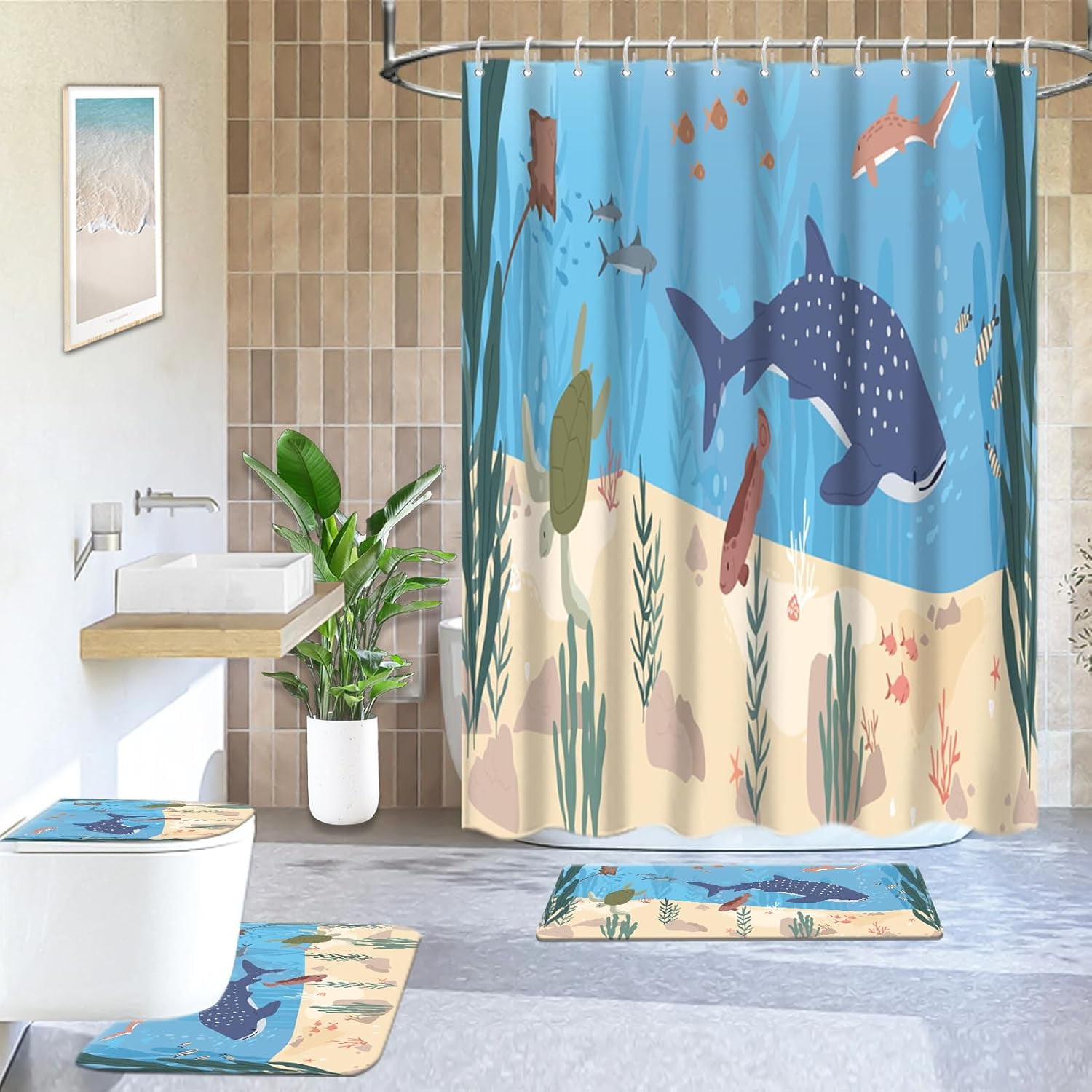 4Pcs Kids Bathroom Shower Curtain Sets with Rugs, Mermaid Swinging ...