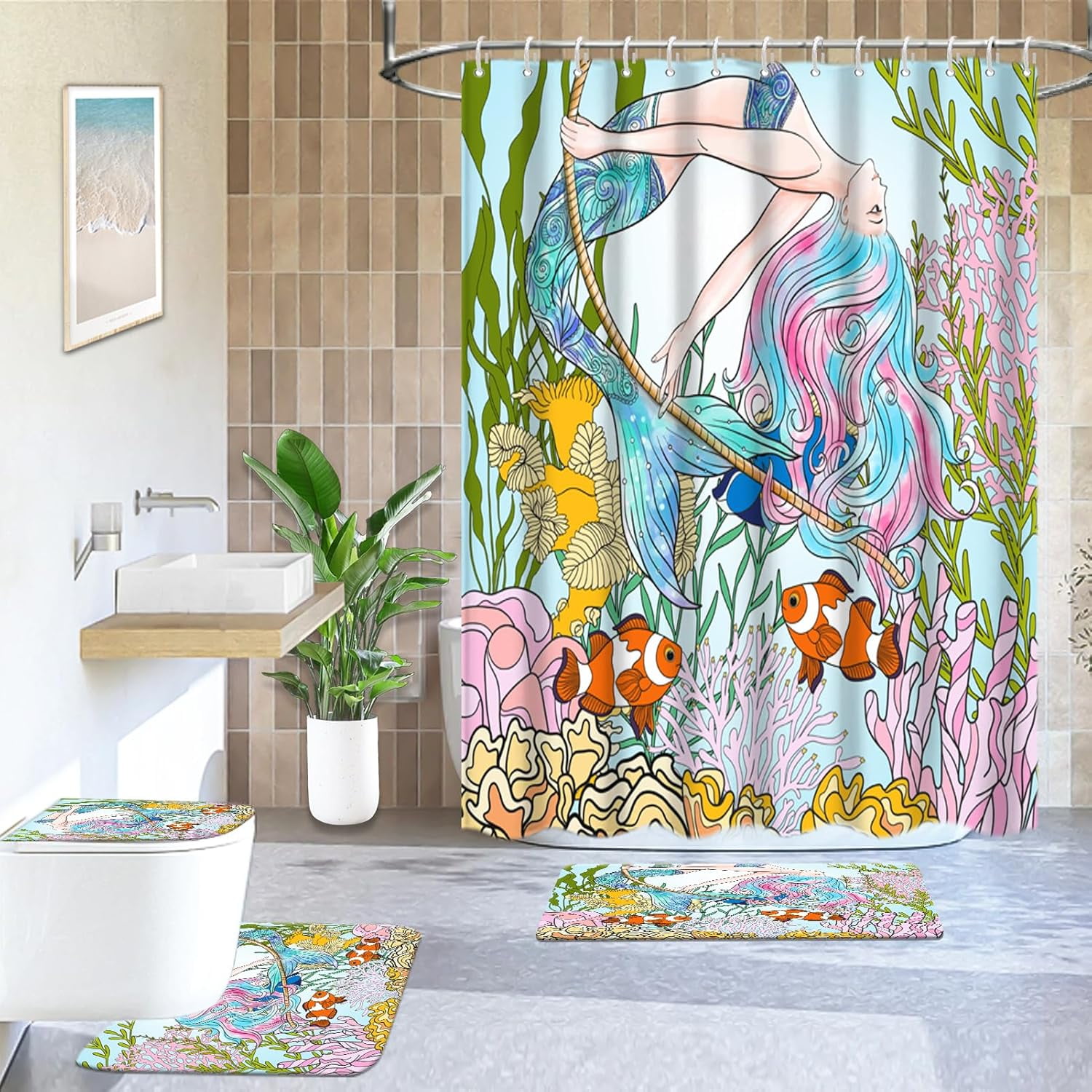 4Pcs Kids Bathroom Shower Curtain Sets with Rugs, Mermaid Swinging ...