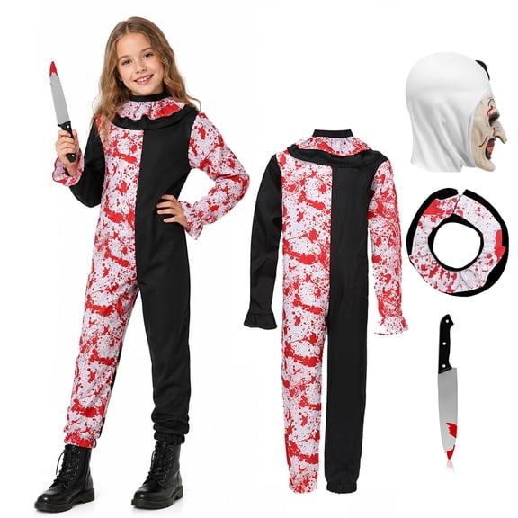 4Pcs Killer Clown Costume with Scary Bloody Mask Fake Horror Props Halloween Cosplay Outfit