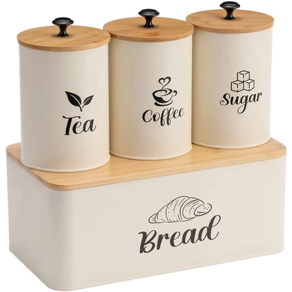 4Pcs Kitchen Canisters Set, Food Storage Tins Biscuit Jars and Bread Box Coffee Tea Sugar Canisters Airtight Canister For Kitchen Storage & Organisation