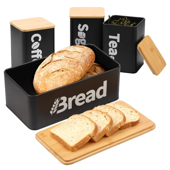 4Pcs Kitchen Countertop Bread Bin Set Metal Iron Canisters with Bamboo Lids for Tea Coffee Sugar Storage Black