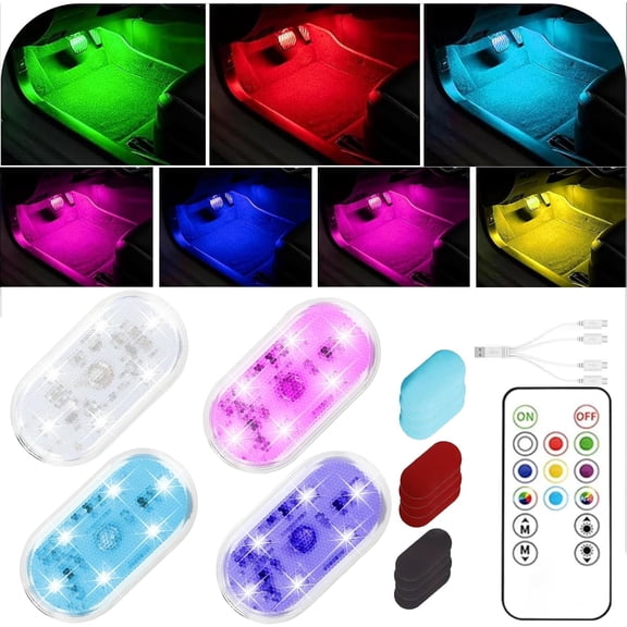 4Pcs LED Interior Car Lights with Remote,7 Colors Sync to Music Ambient Lighting Car Interior with 6 Bright LED Lamp Beads,Portable USB Rechargeable Car Interior Led Night Light for Car Decoration