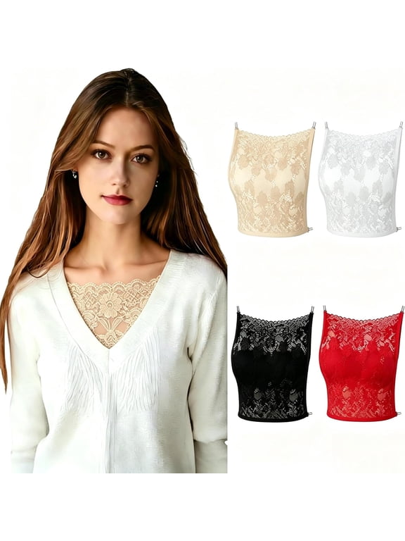 4Pcs Lace Cleavage Cover Modesty Panel Wearable Mock Camisole Bra Insert Overlay Modesty Panel Vest Black White Beige