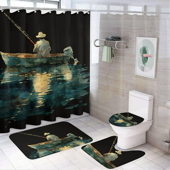 4Pcs Lake Fisherman Shower Curtain Set with Rugs, Toilet Lid Cover and Bath Mat, Vintage Style Wooden Boat Fishing Bathroom Curtains Decor Shower Curtains, 72" x 72"