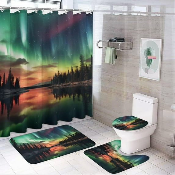 4Pcs Lake Northern Lights Waterproof Shower Curtain Sets for Bathroom,Colorful Nature Modern Style Bathroom Decor Set with Shower Curtain and Rugs and Accessories