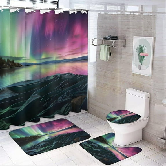4Pcs Lake Northern Lights Waterproof Shower Curtain Sets for Bathroom,Colorful Nature Modern Style Bathroom Decor Set with Shower Curtain and Rugs and Accessories