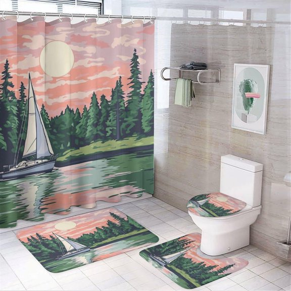 4Pcs Lake Sailboat Shower Curtain Set with Toilet Lid Cover Non-Slip Rugs for Bathroom, Sunset Forest Nature Landscape Shower Curtain Bathroom Sets with Hooks, 72x72 Inch