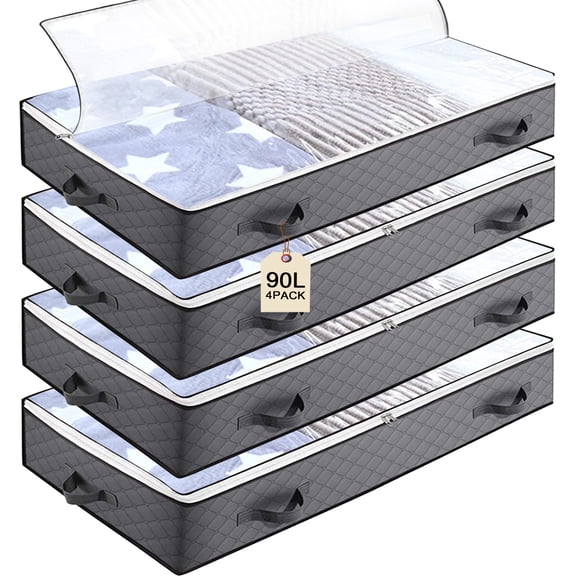 YIJ2 4Pcs 90L Under Bed Storage Containers,Collapsible Dorm Organizers and Storage,Closet Organizer for Toys, Clothing, Blanket, Comforter, Pillows, Breathable,Non-Woven Fabric,Gray
