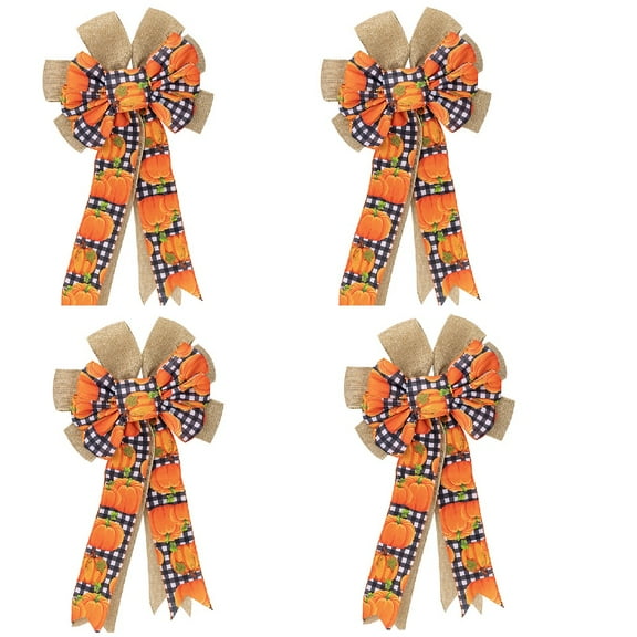 4Pcs Large Fall Wreath Bow, 19.7x11 inch Thanksgiving Wreath Bow Orange Burlap Black White Buffalo Plaid Gift Bow Tree Topper for Fall Thanksgiving Halloween Christmas Front Door Wreath Home Indoor Ou