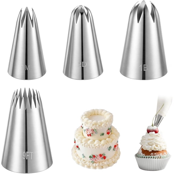 4Pcs Large Piping Tips 1B 1M 2D 9FT Frosting Tips for Cake Decorating Tip Piping Nozzles for Cake Decoration Icing Tip for Buttercream Birthday Cakes Cupcake, Stainless Steel, Silver