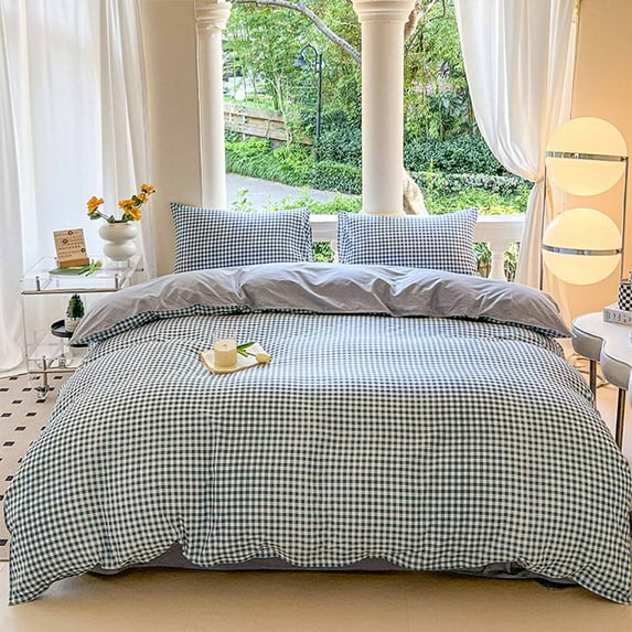 4Pcs Large Plaid Twin Bed Sheet 2 Pillowcase Quilt Cover Set Breathable Luxury Bed Sheets Friendly Anti-Wrinkle Sheets Washable Bed Sheets Set Four Home Bedding Set Back To School