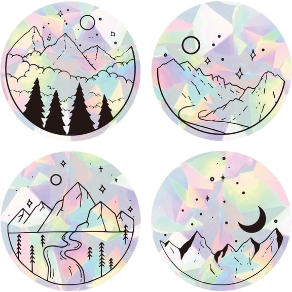 4Pcs Laser Window Sticker Adhesive Static Stickers Mountain & Forest Electrostatic Window Stickers Double Sided Window Stickers Static Clings Window Decorations for Doors Windows Glass