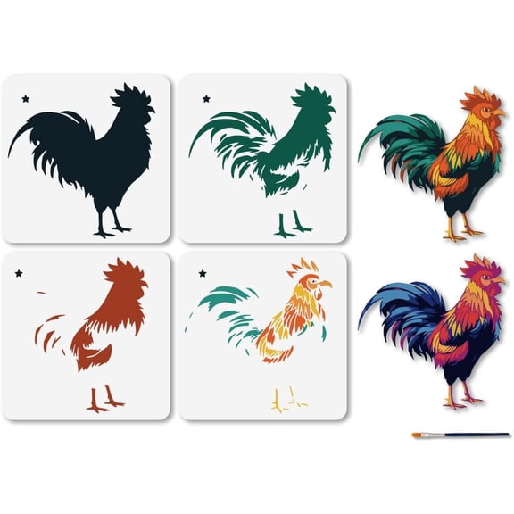 4Pcs Layered Chicken Stencil Rooster Feather Art Craft Stencils 11.811.8inch Reusable Farm Animals Template Set for Painting on Wood Furniture Canvas Wall Paper Decor