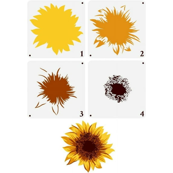 4Pcs Layered Sunflowers Painting Stencil 11.8x11.8inch Reusable Sunflowers Pattern Drawing Template Plants Theme Decoration Stencil for Painting on Wood Wall Paper Furniture DIY