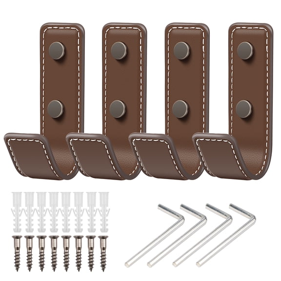4Pcs Leather Wall Hooks Wall Mounted Clothes Hooks Decorative Dark Brown Leather Towels Hooks Hats Hooks Space Saving Leather Hooks for Hanging Towels Bags Hats Closet