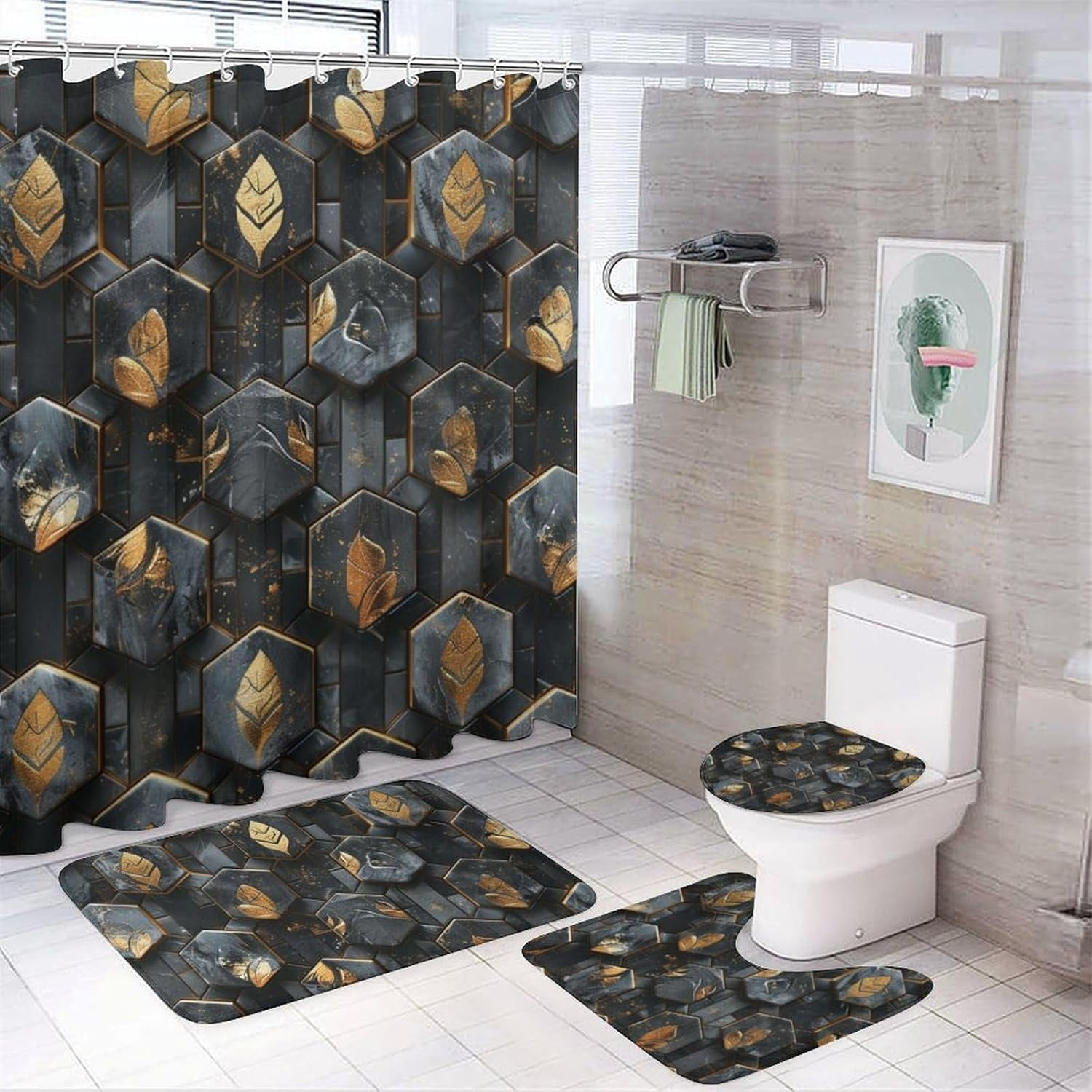4Pcs Leaves Geometric Marble Shower Curtain Sets with Rugs, Toilet Lid