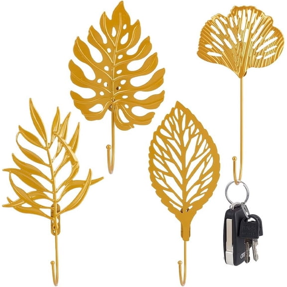 4Pcs Leaves Iron Hooks Plant Modern Key Holder Gold Single Prong Hanger Rack Wall Mounted Decorative DIY