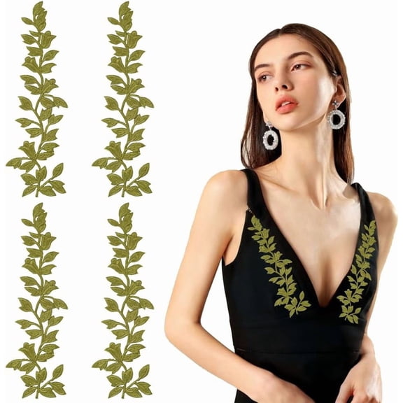 4Pcs Leaves Vine Sewing on Patch Green Leaf Embroidery Applique Green Lace for DIY est Leaves Embroidered Patches for DIY Garment Curtain Pillow Blanket Trimming Clothes Embellishments 9.1x2.9 Inch