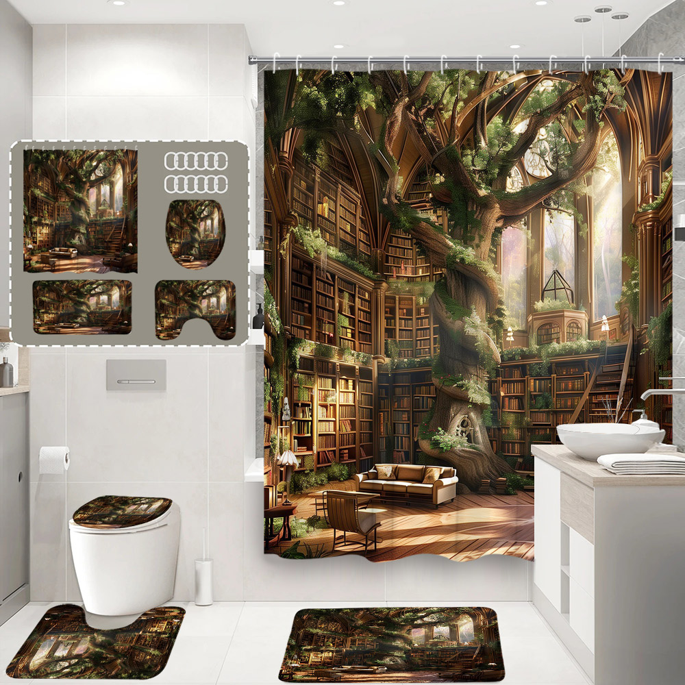 4Pcs Library Shower Curtain Vintage Old Books Bookshelves Enchanted