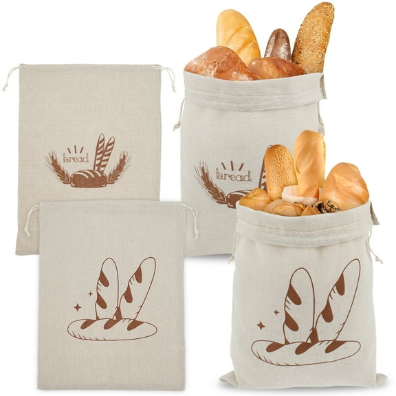 4Pcs Linen Bread Bags for Homemade Bread Washable Bread Bags with Drawstring BPA Free Sourdough Bread Bags Reusable Bread Bags Large Capacity Bread Storage Bags for Bakers Kitchens 30×40cm