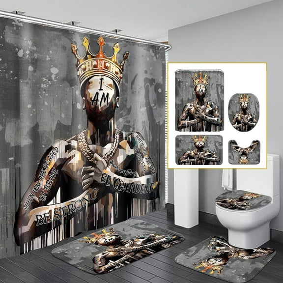 4Pcs Lion King Shower Curtain Set, Inspirational Quote Black Man Bathroom Sets with Shower Curtain and Rugs Toilet Lid Cover Bath Mat, Cool African American Waterproof Shower Curtain Sets