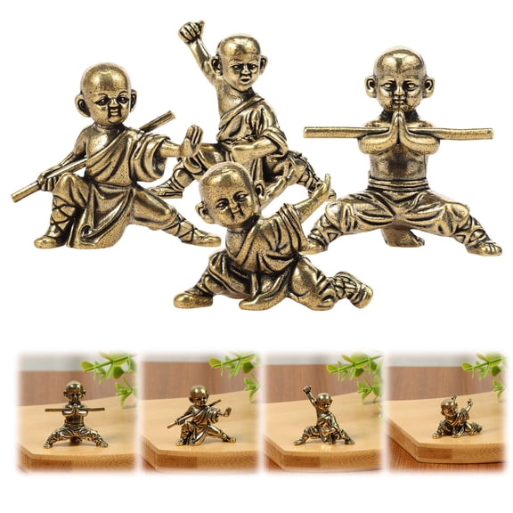 4Pcs Little Monk Statue Brass Mini Monk Figurines Small Decorations for Garden Car Office Tabletop Shelf Home Decoration