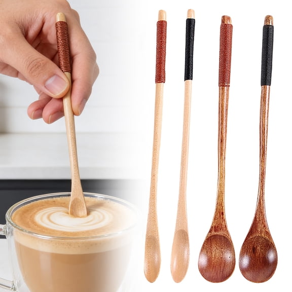 4Pcs Long Handle Spoons For Serving,Stirrer Coffee Tea Stirring Spoon,Wooden Spoons for Eating Mixing Stirring Tasting Baking,Sauce Spoons,Long Handle Mixing Teaspoon Manual for Kitchen